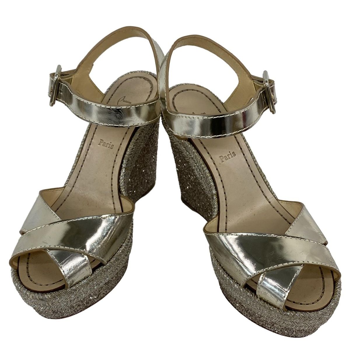 クリスチャンルブタン サンダル 36 レディース シルバー ウェッジソール アウトソール張替済 グリッター レザー