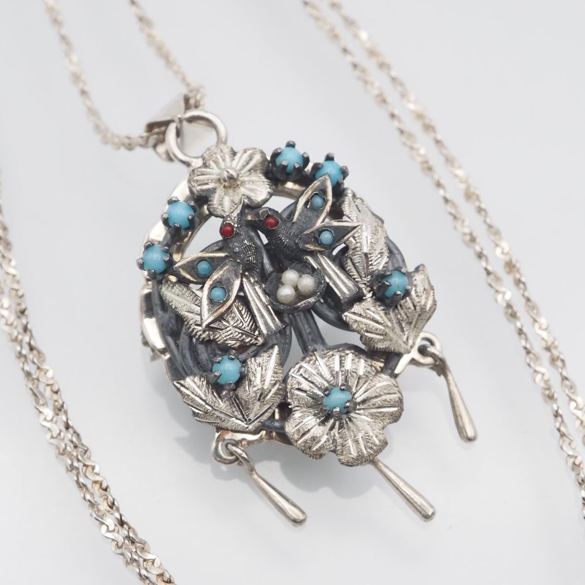 H 669 ブルーストーン フェイクパール 925 MEX刻印 2 way ペンダント ネックレス ブローチ バード フラワー デザイン シルバー ヴィンテージ
