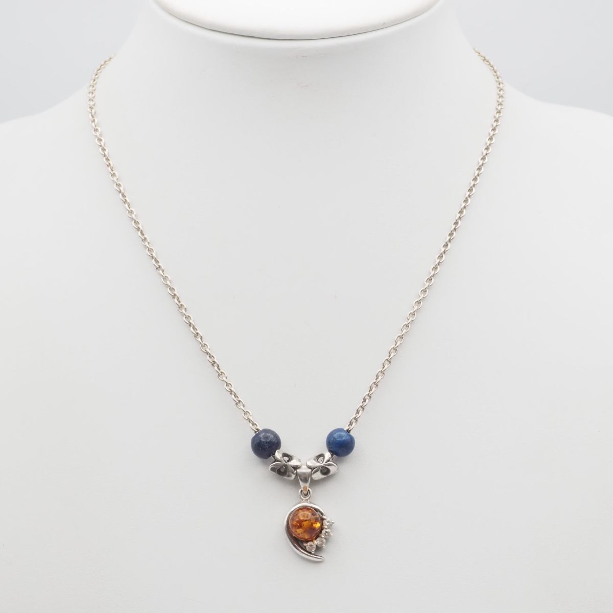 H754 琥珀 コハク アンバー ブルーストーン ダイヤモンド風 925刻印 ペンダント ネックレス デザイン シルバー ヴィンテージ