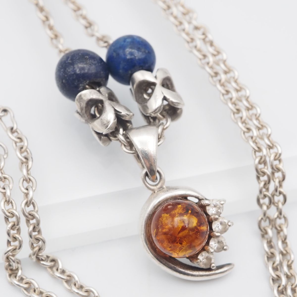 H754 琥珀 コハク アンバー ブルーストーン ダイヤモンド風 925刻印 ペンダント ネックレス デザイン シルバー ヴィンテージ