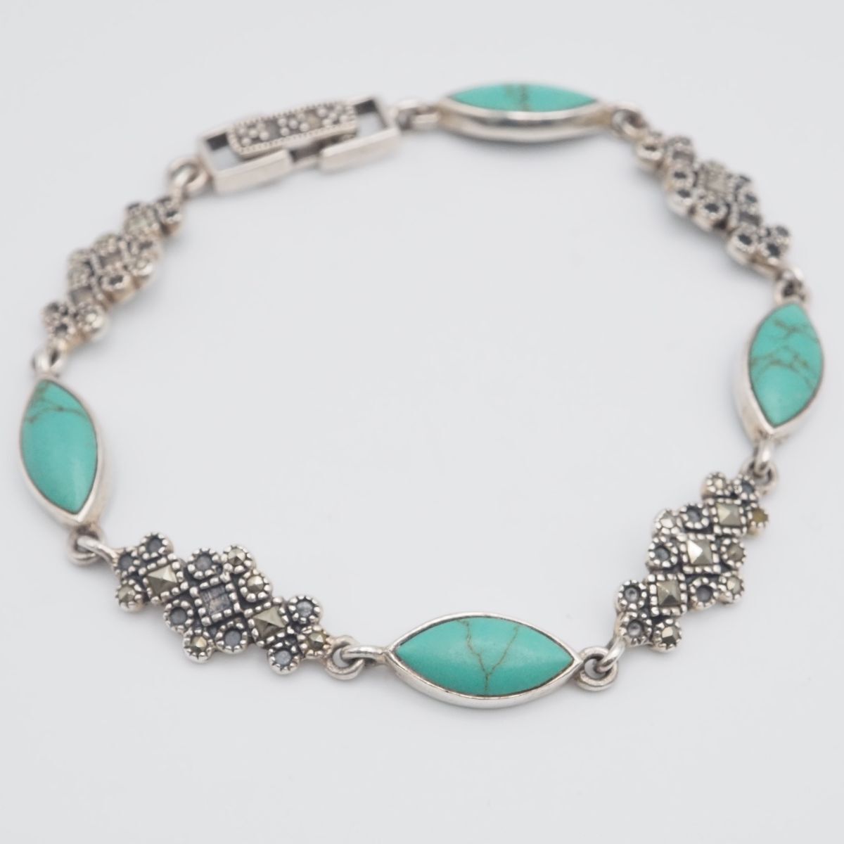 H695 ターコイズ トルコ石 マーカサイト マルカジット 925刻印 ブレスレット デザイン シルバー ヴィンテージ 12月誕生石