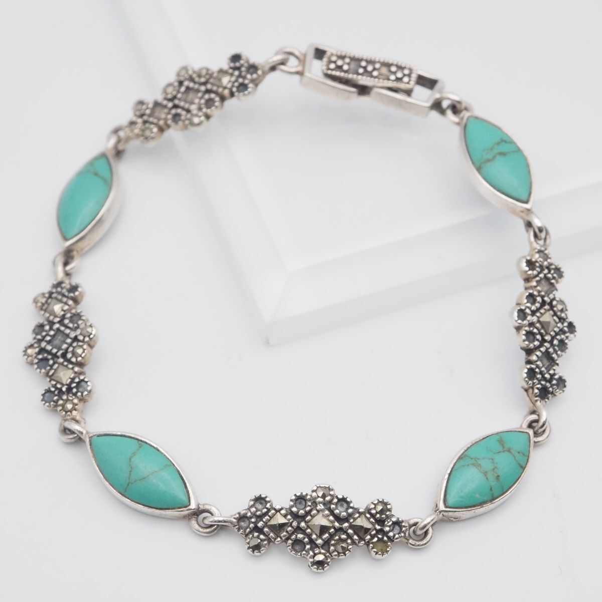 H695 ターコイズ トルコ石 マーカサイト マルカジット 925刻印 ブレスレット デザイン シルバー ヴィンテージ 12月誕生石