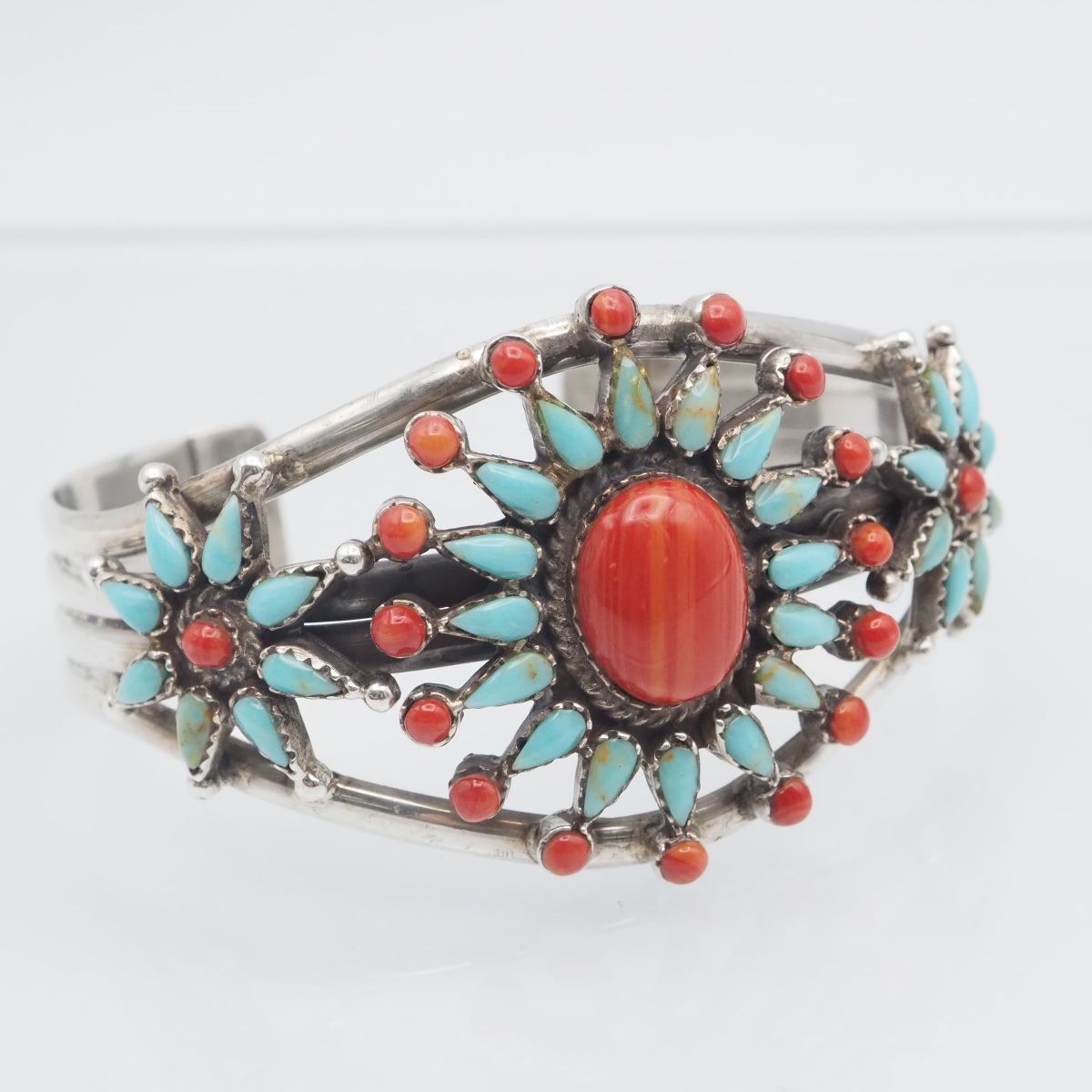H475 レッドアゲート風 ターコイズ トルコ石 925刻印 バングル 大ぶり デザイン シルバー 腕輪 ヴィンテージ 12月誕生石