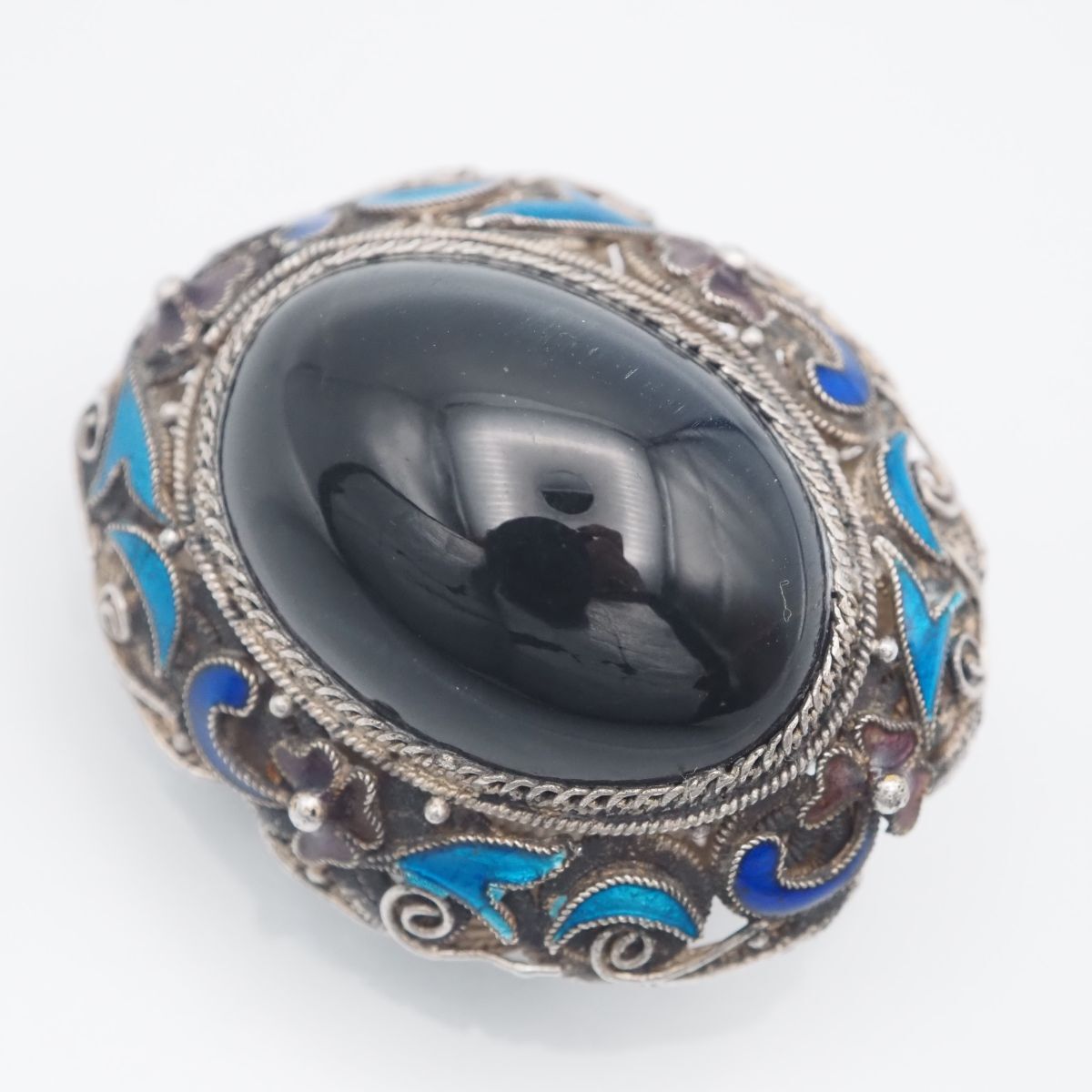 H455 ブラックストーン 七宝 SILVER刻印 ブローチ フィリグリー 銀線細工 デザイン シルバー ヴィンテージ