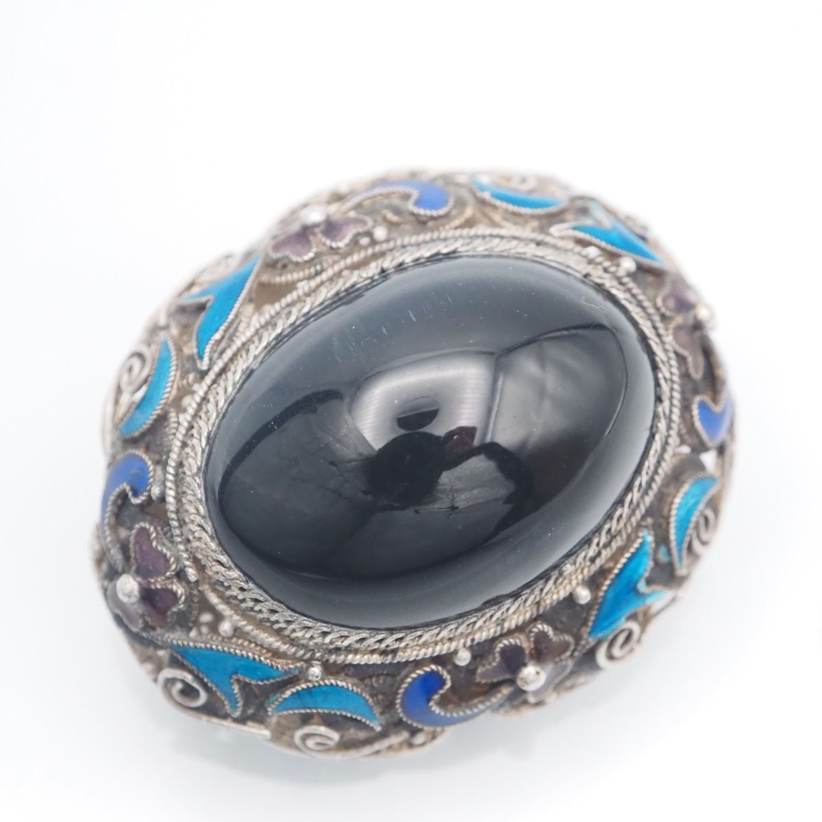 H455 ブラックストーン 七宝 SILVER刻印 ブローチ フィリグリー 銀線細工 デザイン シルバー ヴィンテージ