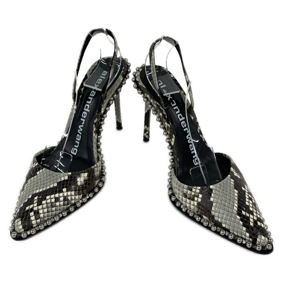 WANG アレキサンダーワン パンプス 35 レディース - ライトグレー×黒 パイソン柄 型押し加工 スタッズ レザー