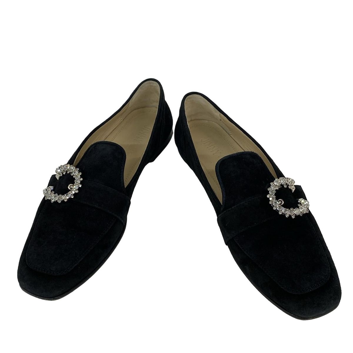 JIMMY CHOO ジミーチュウ フラットシューズ 38 レディース - 黒 アウトソール張替済 ビジュー ラインストーン