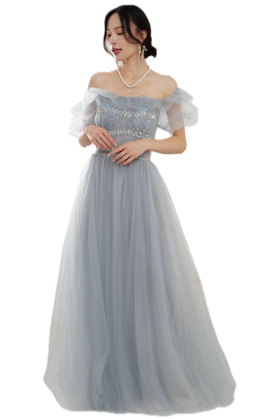 EightSTAR Dress ピアノ発表会 ロングドレス 大人 コンクール パーティードレス 二次会ドレス 花嫁 イブニングドレス フォーマル オフショルダー Aライン M グレー