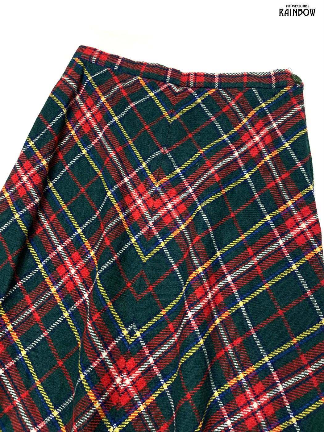 古着 Prestige チェック柄 ウール ロング丈 スカート 緑 btu2509108