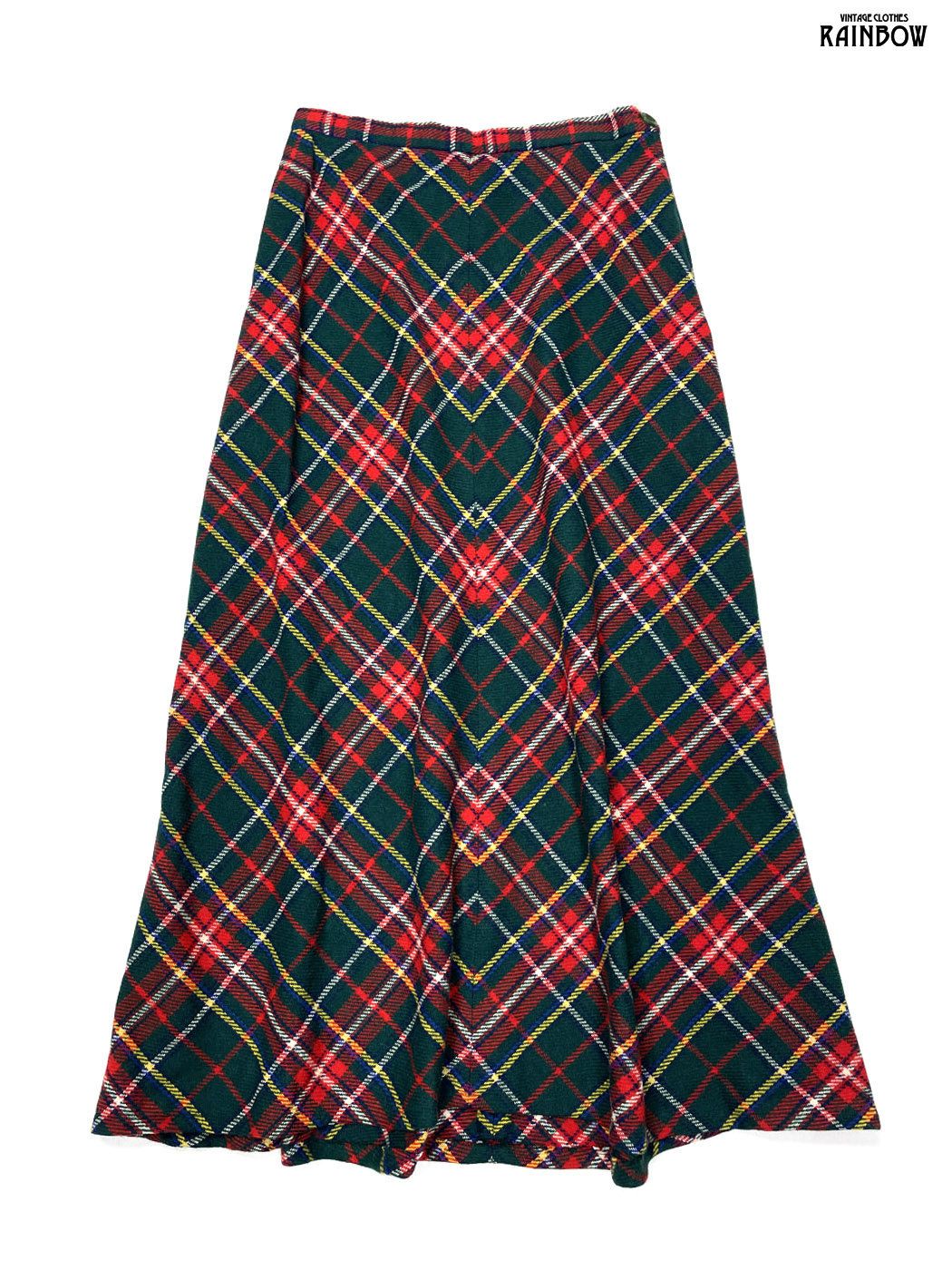 古着 Prestige チェック柄 ウール ロング丈 スカート 緑 btu2509108