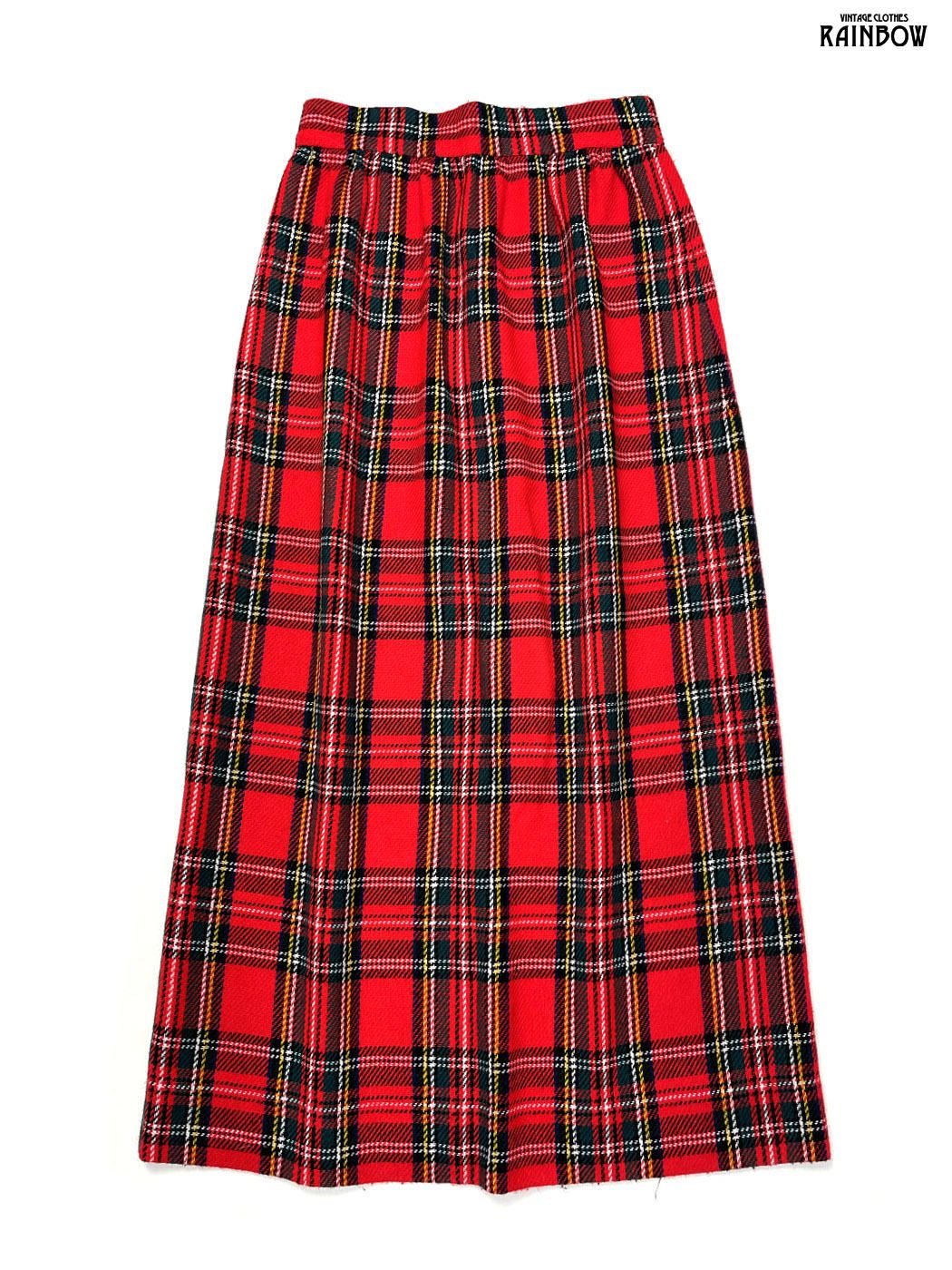 古着 チェック柄 ウール ロング丈 スカート 赤 btu2509110