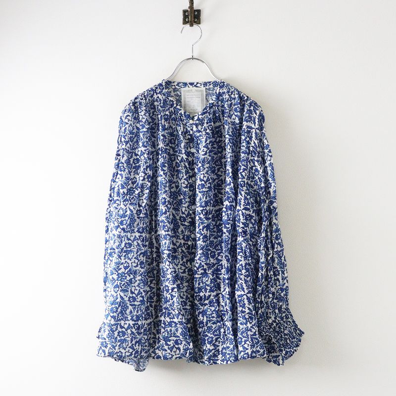 ビアズリー BEARDSLEY インディゴ更紗ブラウス F ブルー シャツ ワイド ギャザー フ 2400014670202