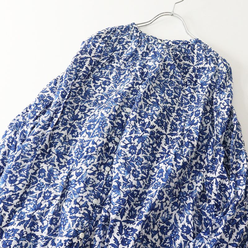  ビアズリー インディゴ更紗ブラウス F ブルー シャツ ワイド ギャザー フ 長袖 シャツ ブラウス