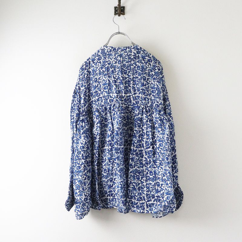 ビアズリー インディゴ更紗ブラウス F ブルー シャツ ワイド ギャザー フ
