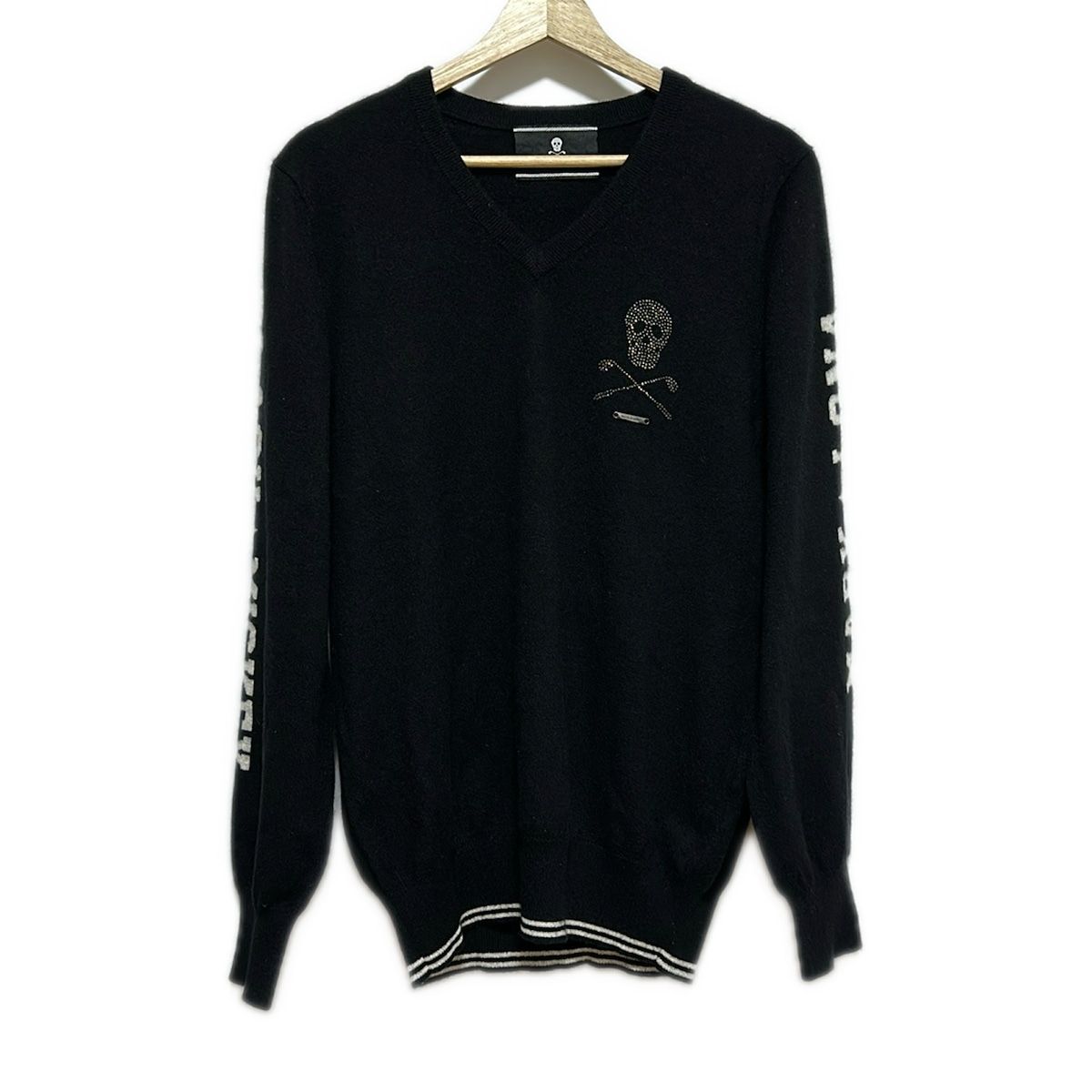 MARK LONA マークアンドロナ 長袖セーター サイズL レディース 黒 白 Vネック カシミヤ スカル ミッキーマウス ラインストーン
