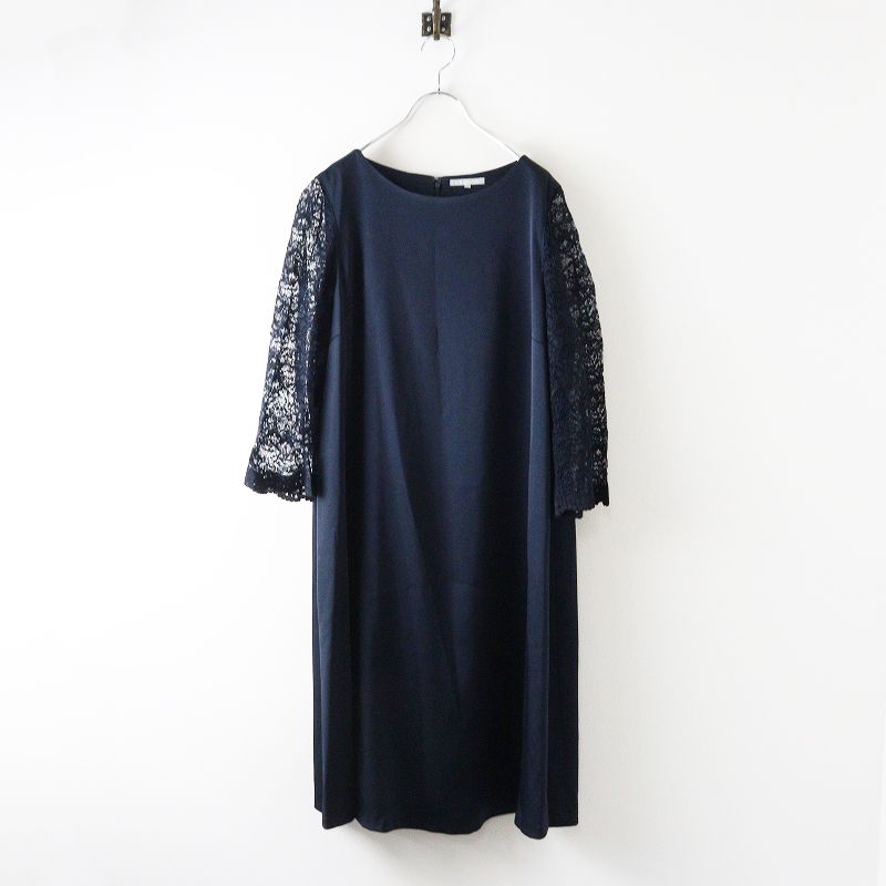 【極美品】23区 APPLAUDIR 大きいサイズ 48 レース袖ワンピース 紺 大きいサイズ 23区 アプロディール APPLAUDIR オンワード樫山 袖レース
