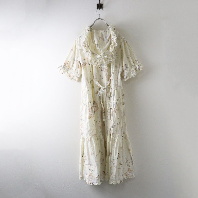 2025 AW ピンクハウス PINK HOUSE さざ波とねこプリントワンピース ｜オフホワイト ピコフリル フード ボリューム