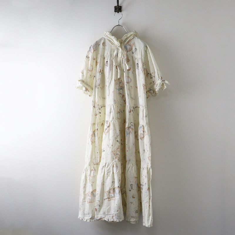 2025AW ピンクハウス PINK HOUSE さざ波とねこプリントワンピース |オフホワイト ピコフリル フード ボリューム 2400014665116