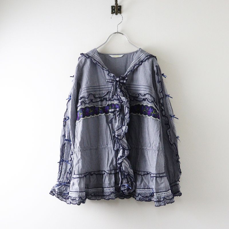 2021SS ピンクハウス PINK HOUSE バイオレットレース使いセーラー ブラウス |ネイビー ギンガムチェック 2400014665130