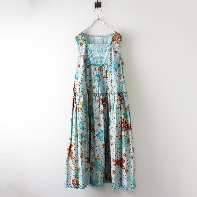 2025 ピンクハウス PINK HOUSE ギンガムうさぎプリントノースリーブワンピース ライトブルー ピコフリル ドレス 2400014667158