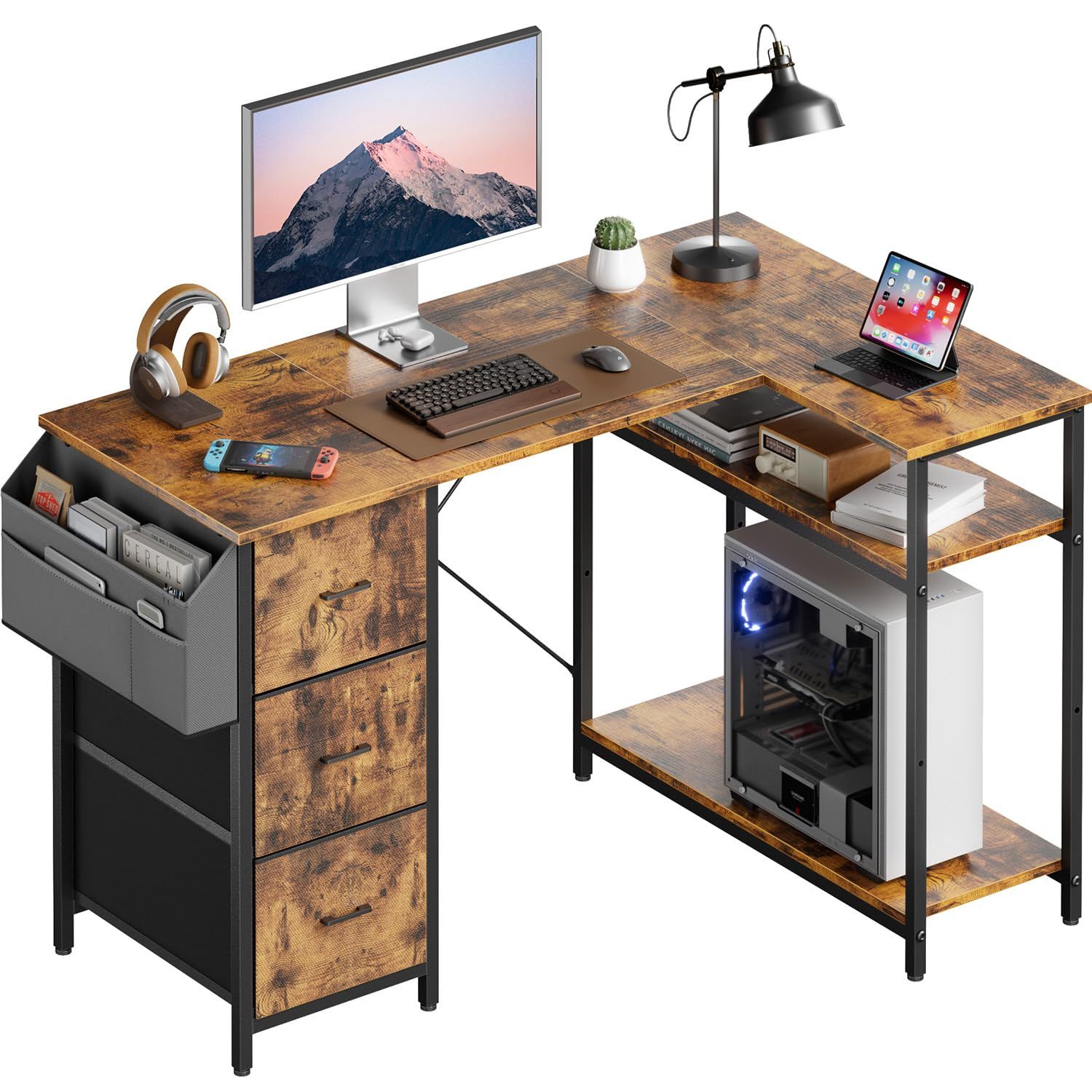 l字デスク パソコンデスク 棚板高さ調節 幅120cm 引き出しと収納ポケット付きのコーナーテーブル 勉強机 作業机 L字型 組み立てが簡単 オフィスや家庭での使用に適しています