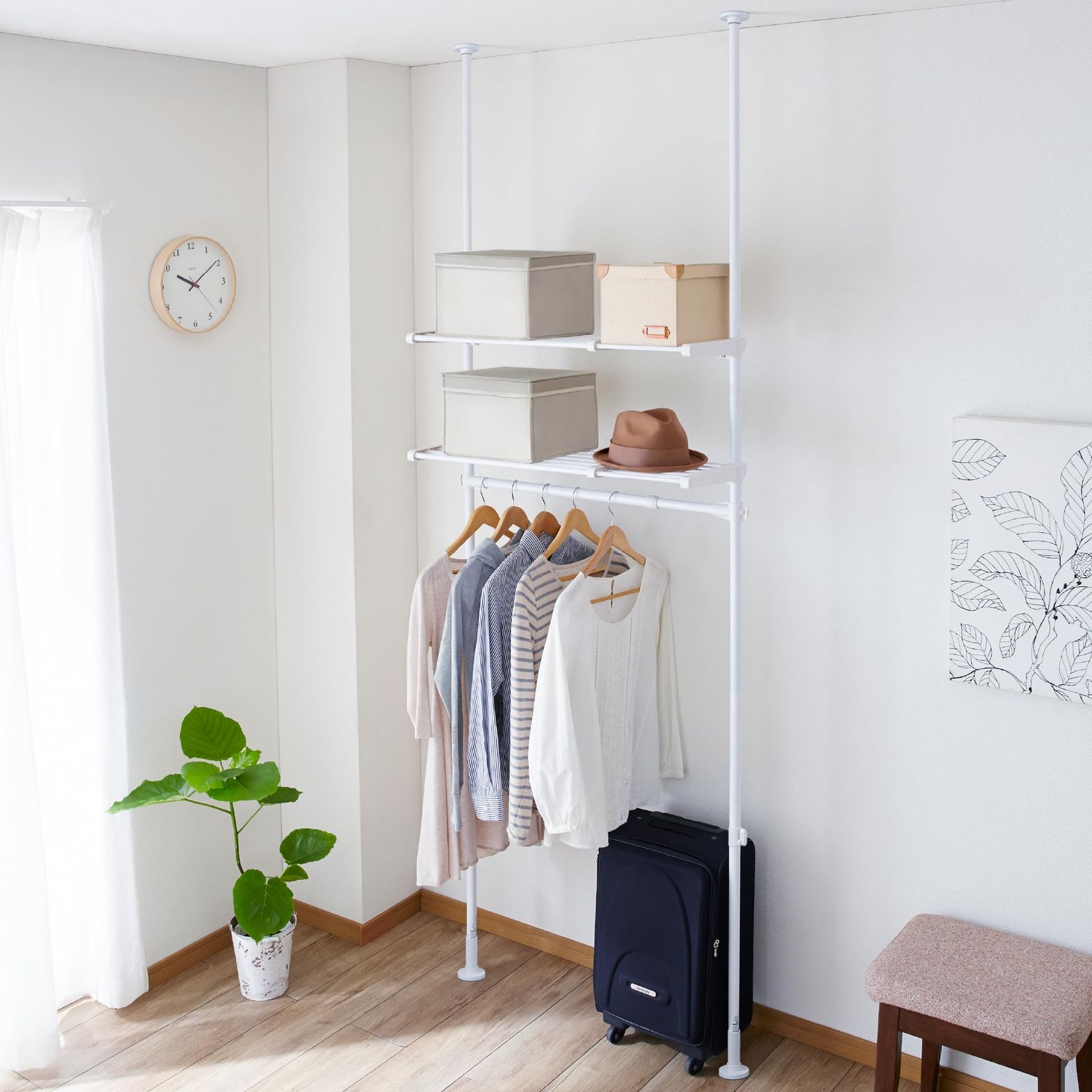 HEIAN SHINDO つっぱりラック 棚付 伸縮棚2段 ハンガーパイプ付き マットホワイト 取付幅68-96cm 取付高190-300 TNP-50WH 平安伸銅工業