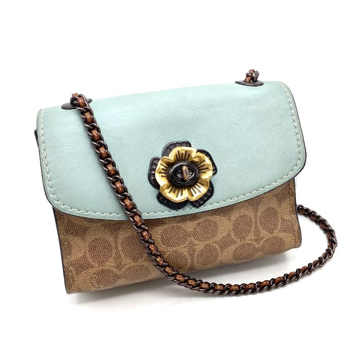 COACH コーチ シグネチャー フラワー ターンロック レザー ショルダー バッグ eH10109A