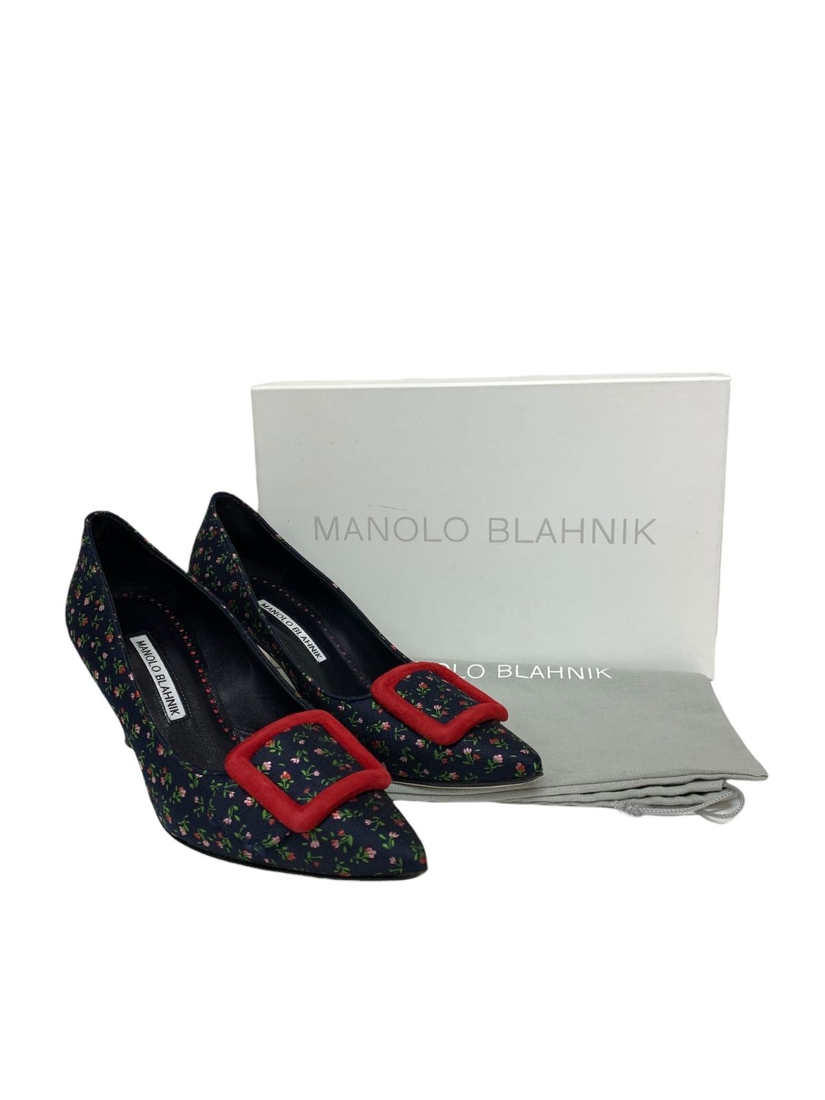 マノロブラニク パンプス 36.5 ネイビー フラワーモチーフ 刺繍 ポインテッドトゥ
