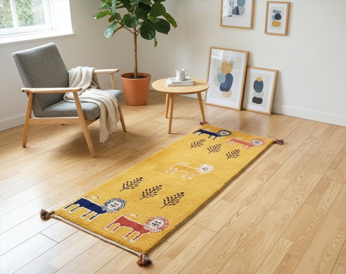 ペルシャ ギャッベ ランナー中 ラグ 140 x 52 cm 黄金色 ライオン RJ 13156