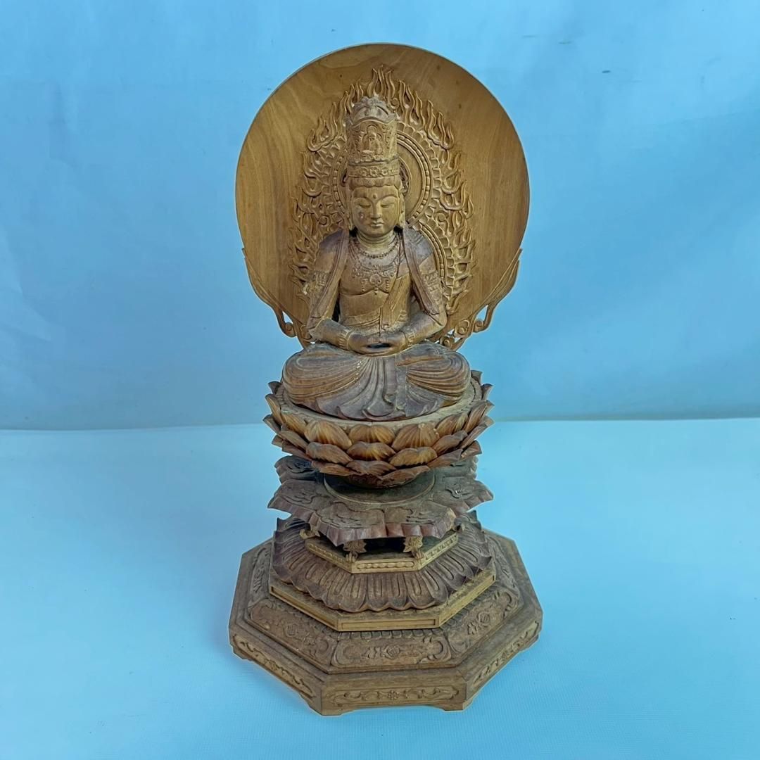 木彫り 仏像 大日如来 宝冠釈迦如来坐像 約24cm 座像 蓮台付 彫刻品