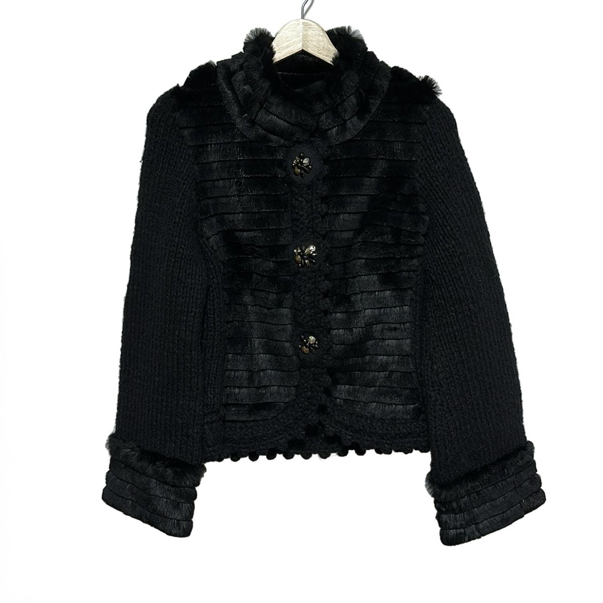 EPOCA エポカ ジャケット サイズ40 M レディース - 黒 長袖 ニット ラビット ラパン ビジュー 秋 冬