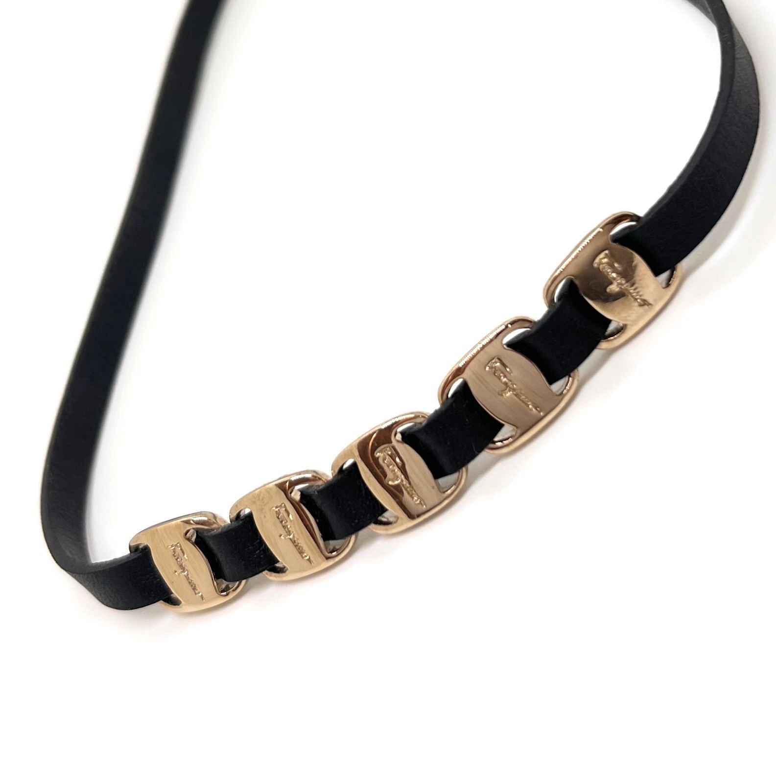 Salvatore Ferragamo サルヴァトーレフェラガモ ヴァラチェーン チョーカー 2連ブレスレット レザー メタル ブラック ゴールド