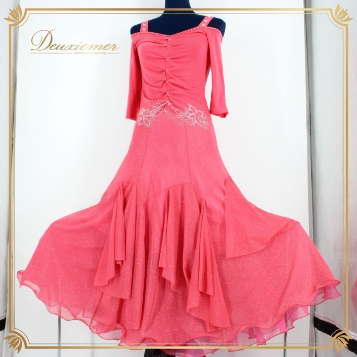 社交ダンス 衣装 ドレス ワンピース パーティ衣装 女性用 レディース オールシーズン ラインストーン ビジュー ピンク系 長袖 派手 鮮やか シルエット ふんわり 広がり 二重スカート 光 ラインストーン おしゃれ 発表会 ダンスシューズ