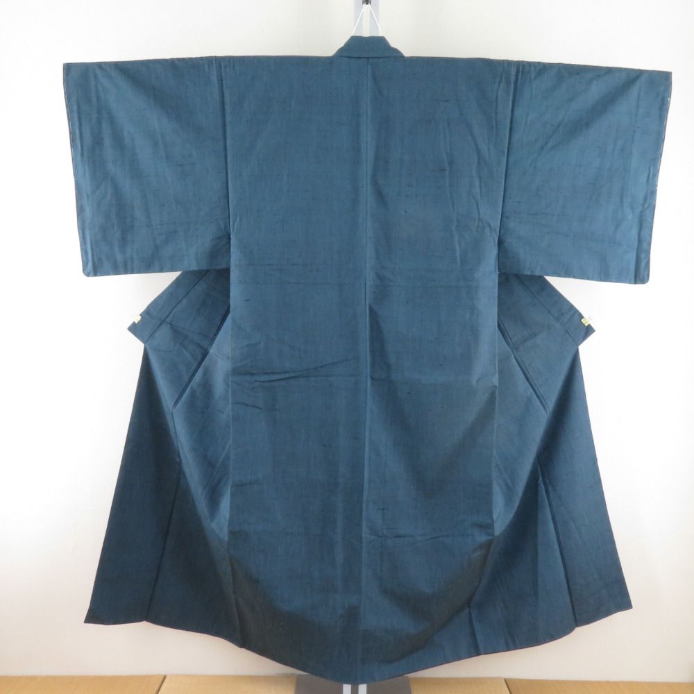 男着物 紬 アンサンブル 袷 灰青色 正絹 男性用きもの メンズ 仕立て上がり 和服 男物 カジュアル 身丈147 cm