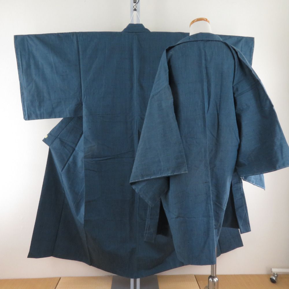男着物 紬 アンサンブル 袷 灰青色 正絹 男性用きもの メンズ 仕立て上がり 和服 男物 カジュアル 身丈147cm