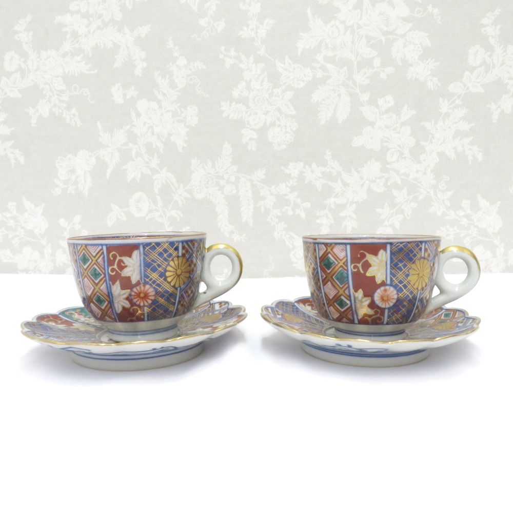 九谷焼 骨董 民芸品 食器 奇玉宝鼎之珍 大聖寺伊万里 カップ&ソーサー コーヒーカップ ティーカップ 2客セット ペア 金彩