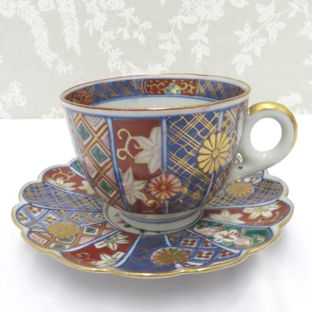 九谷焼 骨董 民芸品 食器 奇玉宝鼎之珍 大聖寺伊万里 カップ＆ソーサー コーヒーカップ ティーカップ 2客セット ペア 金彩