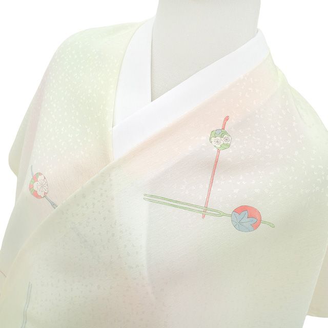 新古品 長襦袢 反物 正絹 襦袢 クリーム ピンク グリーン ぼかし 夢粋晶 簪 かんざし セミフォーマル ~ カジュアル 長さ13 5m 袷 単衣 にも 春 秋 冬 長じゅばん 反物 未仕立て みやがわ sb16553