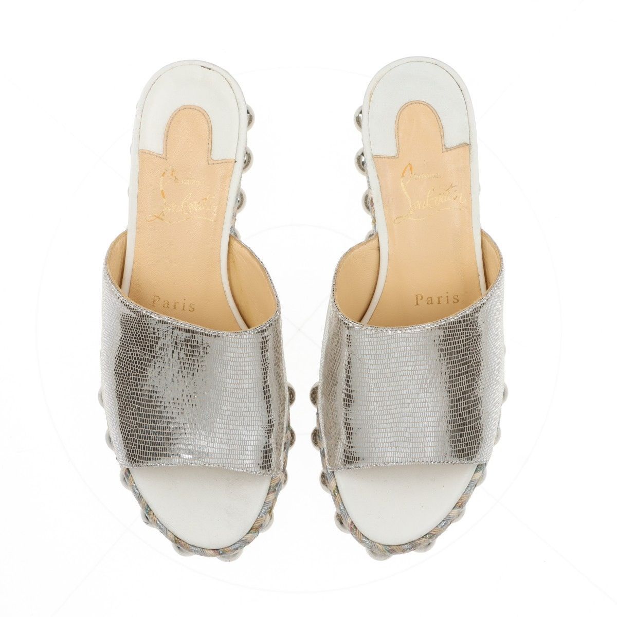  Christian Louboutin クリスチャンルブタン スタッズ レザー サンダル レディース 34 シルバー × ホワイト スペイン製 サンダル サンダル ミュール