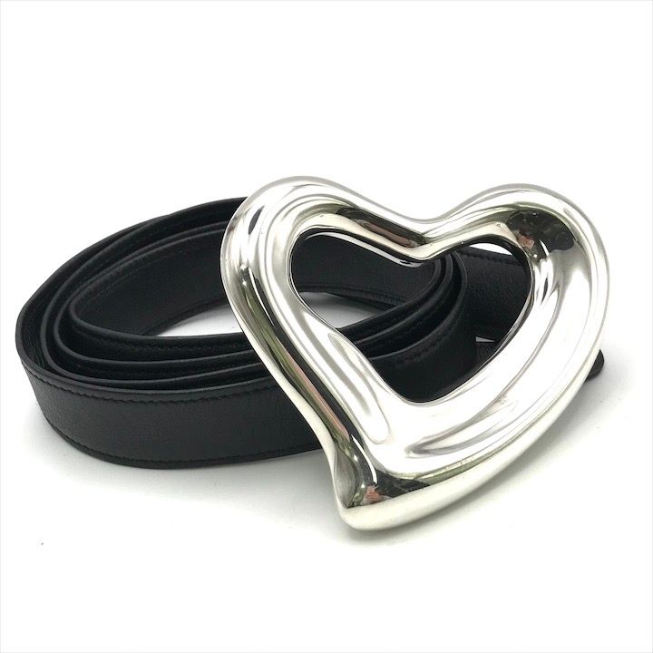 超 TIFFANY&Co ティファニー オープンハート バックル レザー スターリング シルバー ベルト ファッション小物 ブラック k6784