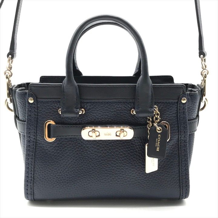 超 COACH コーチ レザー ゴールド金具 レディース ハンド ショルダー 2way バッグ ファッション 小物 ネイビー r290