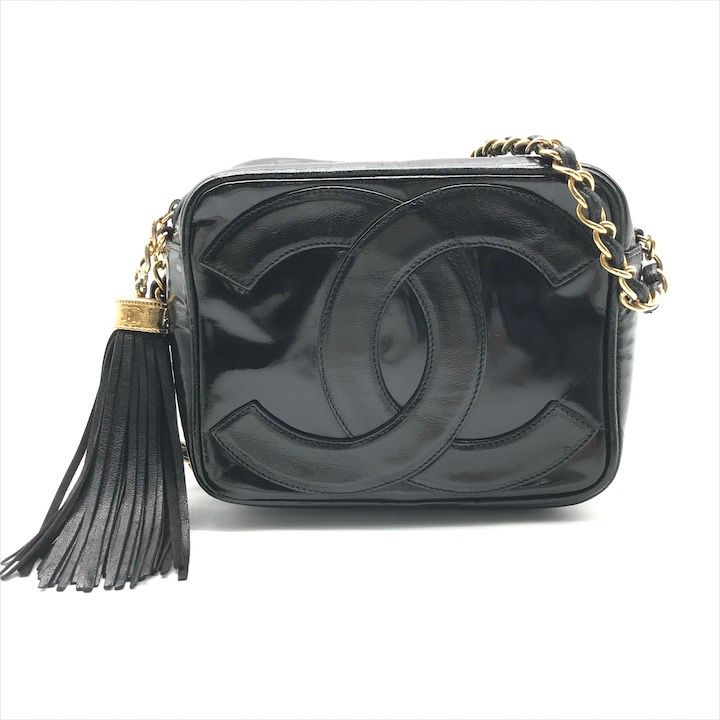 CHANEL シャネル デカココマーク エナメル パテント フリンジ ミニ チェーン ショルダー バッグ レディース かばん 鞄 ブラック tm104