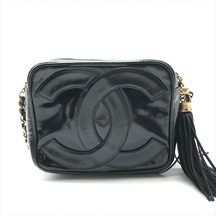CHANEL シャネル デカココマーク エナメル パテント フリンジ ミニ チェーン ショルダー バッグ レディース かばん 鞄 ブラック tm104