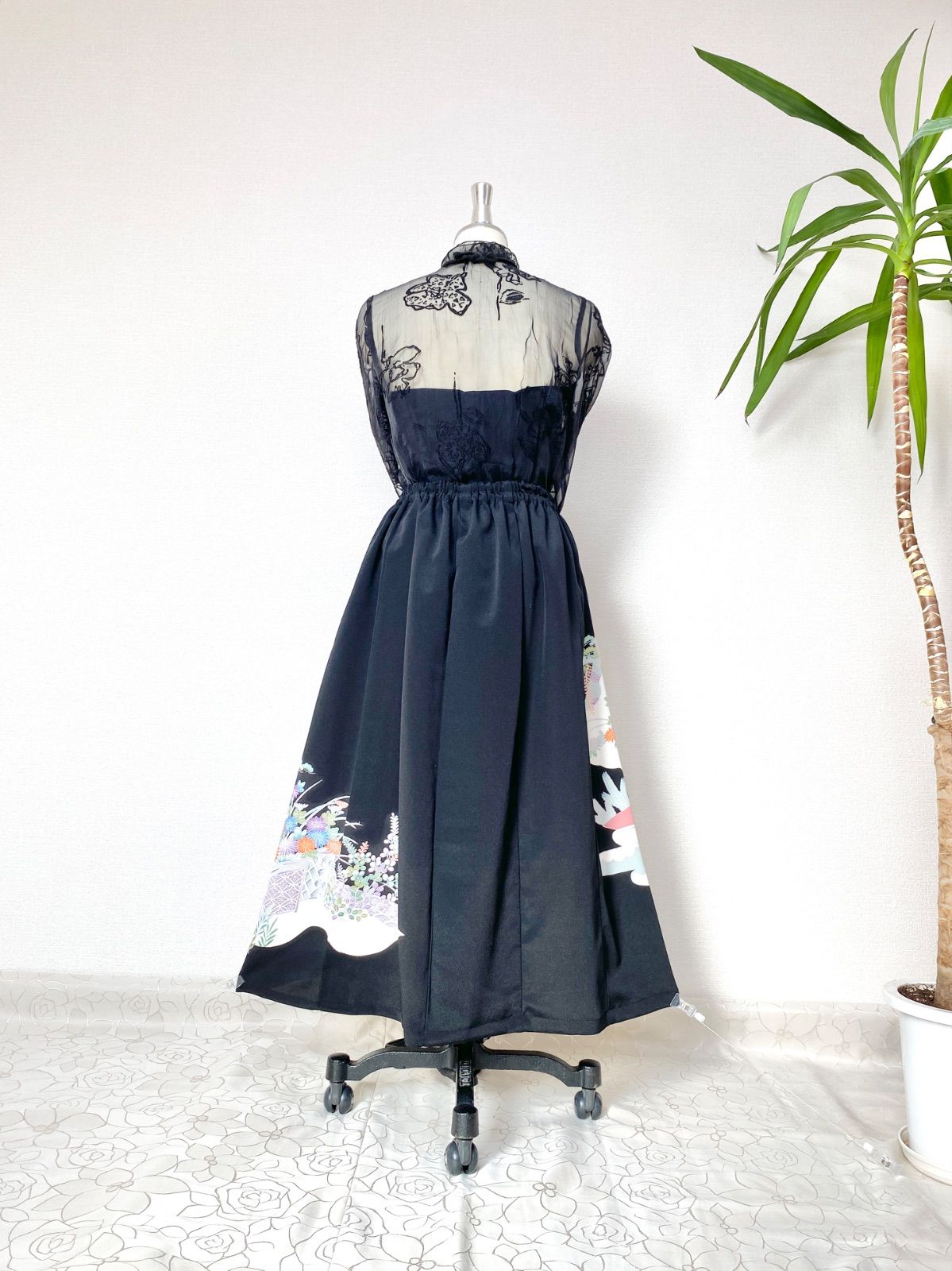 大人 セレブ着物スカートフリーサイズ1点物黒留袖着物リメイクウエストゴムロングスカートフリーサイズ みハンドメイドNO.5826 GULLKHAN_COM