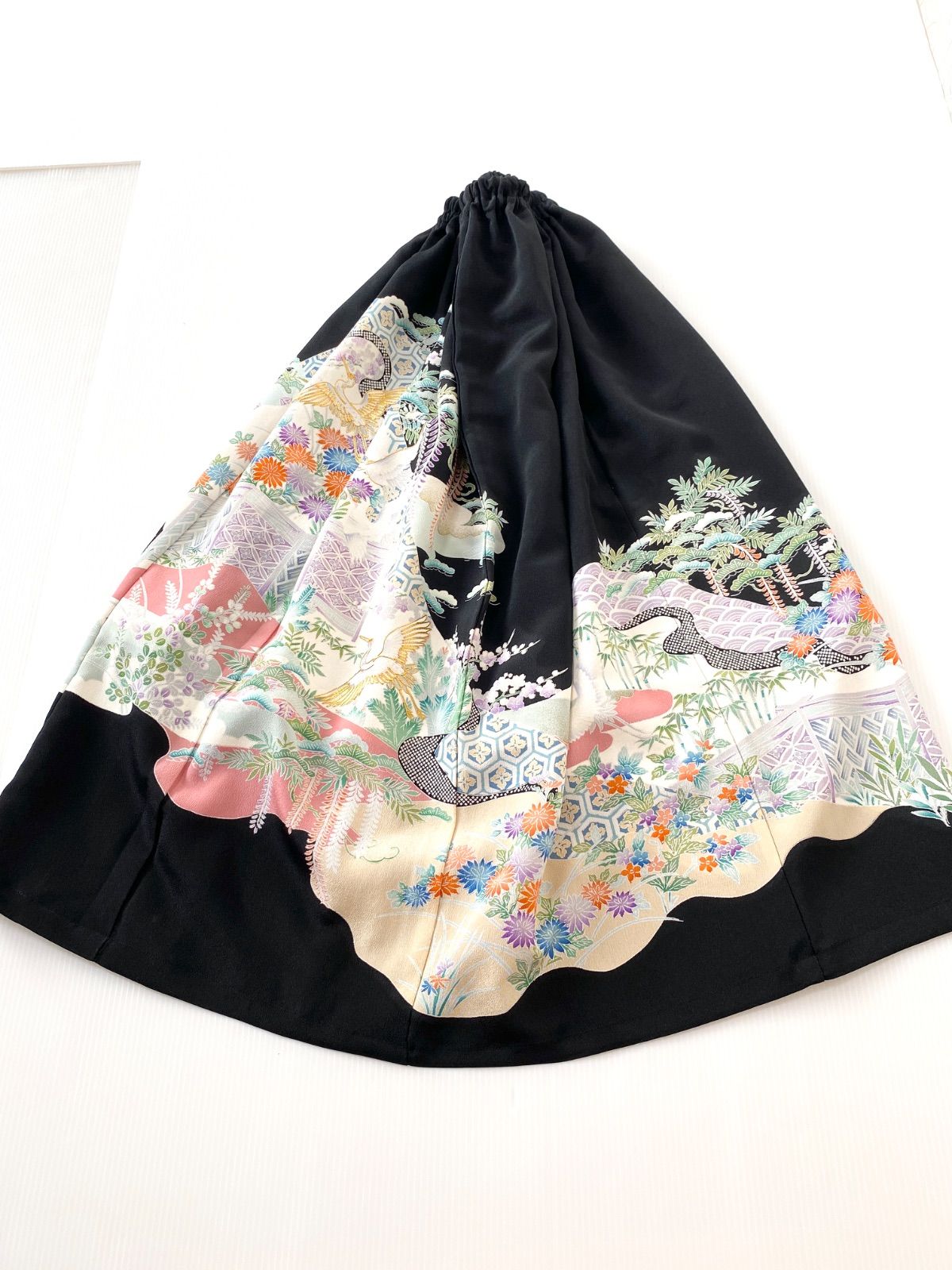 大人 セレブ着物スカートフリーサイズ1点物黒留袖着物リメイクウエストゴムロングスカートフリーサイズ