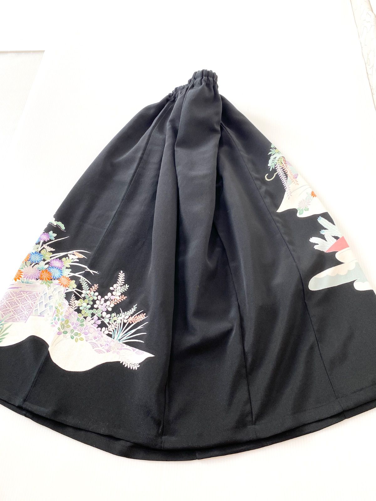 セレブ着物スカートフリーサイズ1点物黒留袖着物リメイクウエストゴムロングスカートフリーサイズ