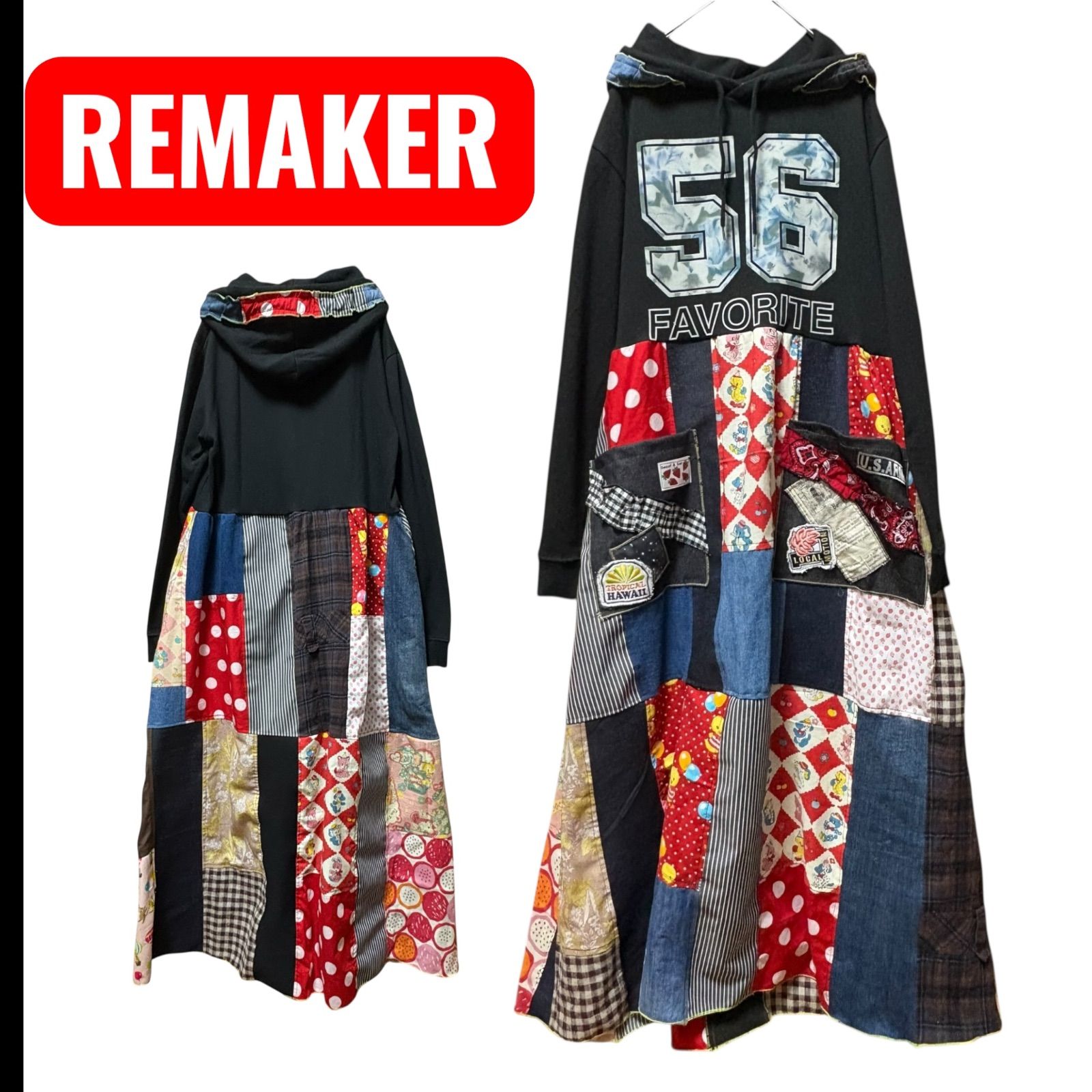 M ブラックパーカーリメイクワンピース パッチワークスカート ロゴパーカー チェック レトロ動物 赤ドッド 古着リメイク ロングワンピース