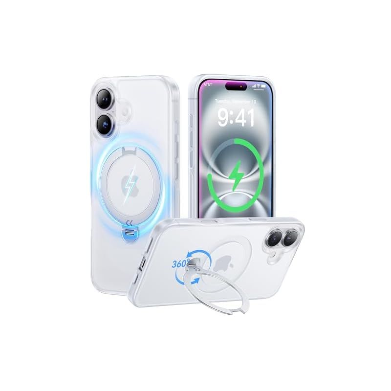 2025最高 -定点360度回転 CASEKOO iPhone 16 用 ケース 米軍MIL規格 耐衝撃 MagSafe対応 高耐久性 横縦両立 角度自由調整 最大25W急速充電対応 指紋防止 マット仕上げ 黄変防止 半透明 超強磁力 ラップホール付き
