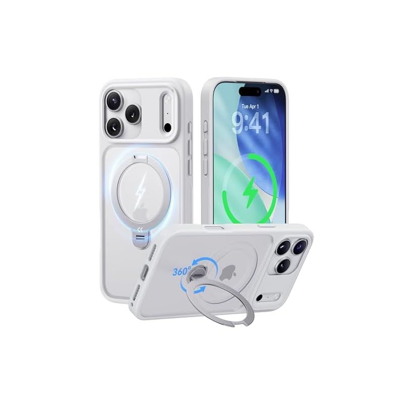 2025最高 -定点360度回転 CASEKOO iPhone 17 Pro Max 用 ケース MagSafe対応 米軍MIL規格 360°全方向耐衝撃 横縦両立 角度自由調整 最大25W急速充電対応 指紋防止 マット仕上げ 黄変防止 半透明 ラップホ