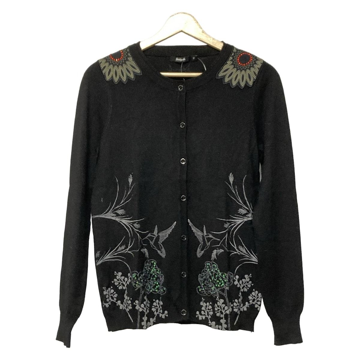 Desigual デシグアル カーディガン サイズM レディース - 黒 長袖 スパンコール ラインストーン 鳥